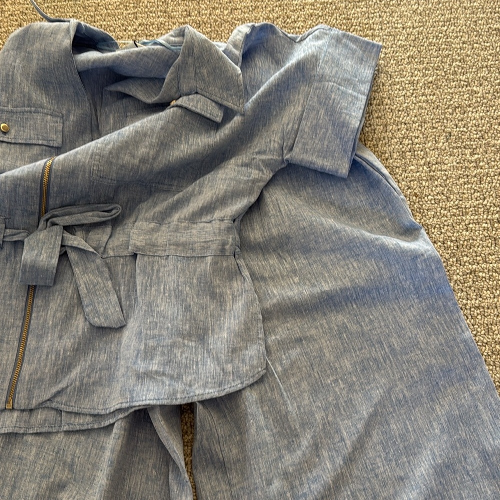 New Zara Blue Linen Top Jacket Wide Leg Pants Set S - Picture 10 of 10